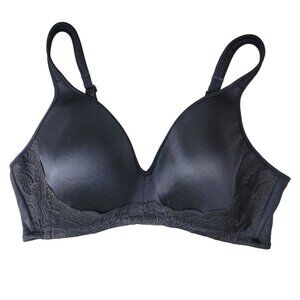 Playtex Satin Wireless Bra Black 36D Lace Trim Wire Free Adj Seamless #0118BR